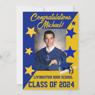 Cap & Stars 5x7 Royal Blue & Gold Graduation Invitation
