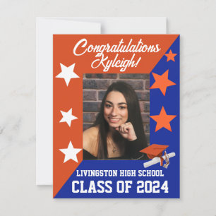 Cap & Stars Orange & Royal Blue Graduation Invitation