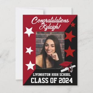 Cap & Stars Scarlet Red & Black Graduation Invitation