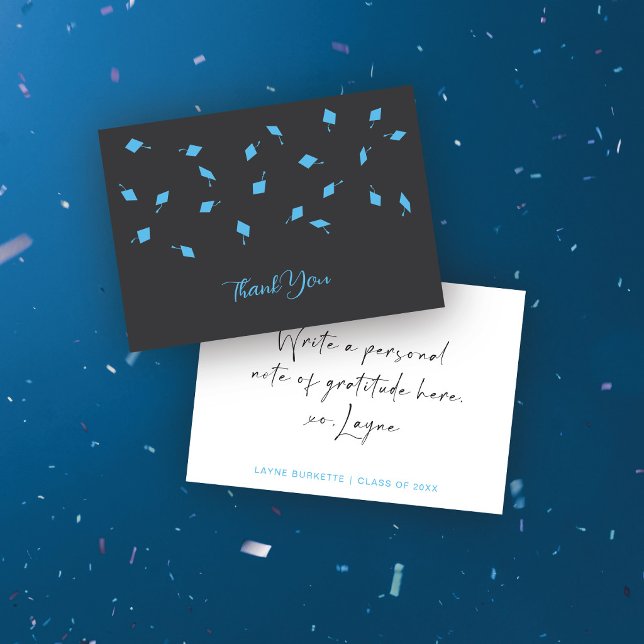 Cap Toss Blue & Grey Graduation Thank You Card (Creator Uploaded)
