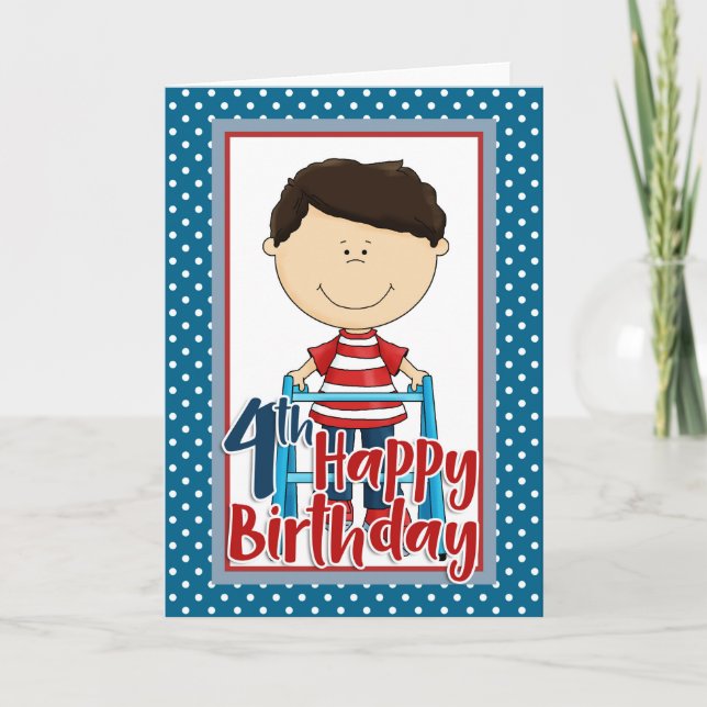 Capable Boy with Walker - Happy 4th Birthday Card (Front)
