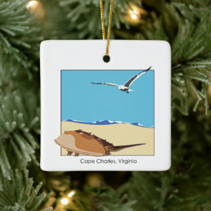 Cape Charles, VA Horseshoe Crab Seagull Beach Ceramic Ornament