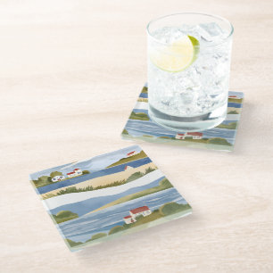 Cape Cod Bay Ocean Shore Coastal Watercolor Glass Coaster