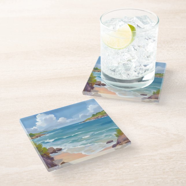 Cape Cod Beach Bay Ocean Painting Glass Coaster (Angled)