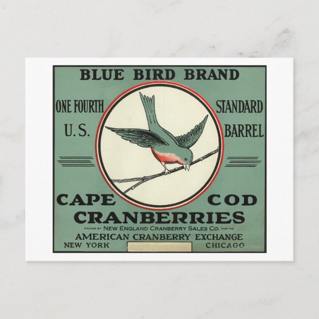 Cape Cod Blue Bird Brand Cranberry Label Postcard (Front)