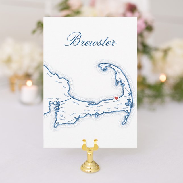 Cape Cod Brewster Map Wedding Table Name Card (Brewster Cape Cod Wedding Table Town Name Cards fully editable with elegant navy blue map)