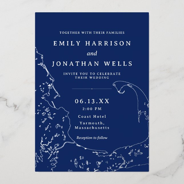 Cape Cod Coastal Map Foil Wedding Invitation (Front)