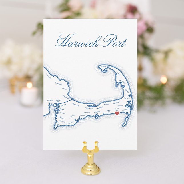 Cape Cod Harwich Port Map Wedding Table Name Card (Cape Cod Wedding Table Town Name cards with editable places and elegant navy blue Harwich Port map)