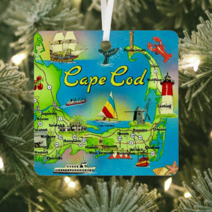 Cape Cod Illustrated Postcard Metal Tree Decoration