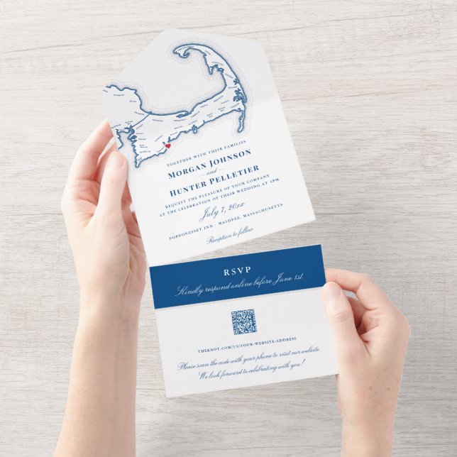 Cape Cod Map Elegant Navy Wedding All In One Invitation (Tearaway)