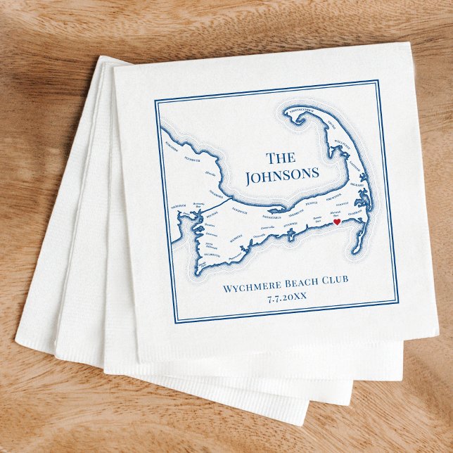 Cape Cod Map Elegant Personalised Wedding Napkins (Cape Cod Elegant Wedding Napkins for a Cape Cod destination wedding at Wychmere Beach Club)