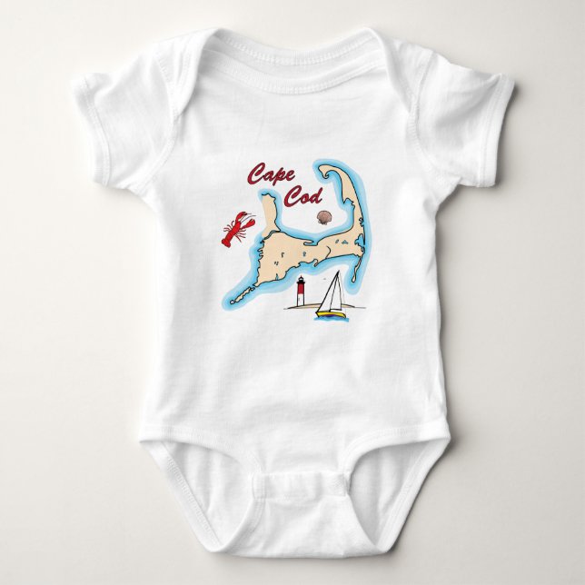 Cape Cod Map Illustration Lobster Sailboat Shell Baby Bodysuit (Front)