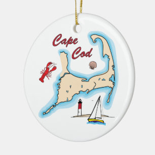 Cape Cod Map Illustration Lobster Sailboat Shell Ceramic Tree Decoration