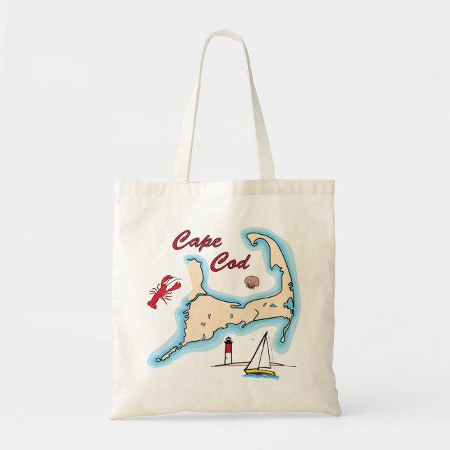 Cape Cod Map Illustration Lobster Sailboat Shell Tote Bag (Front)