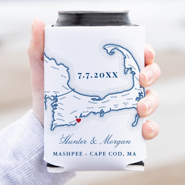 Cape Cod Map Wedding Favour Drink Holder Can Cooler (Custom Cape Cod Wedding Can Coolers make great wedding favors or welcome bag gifts.)