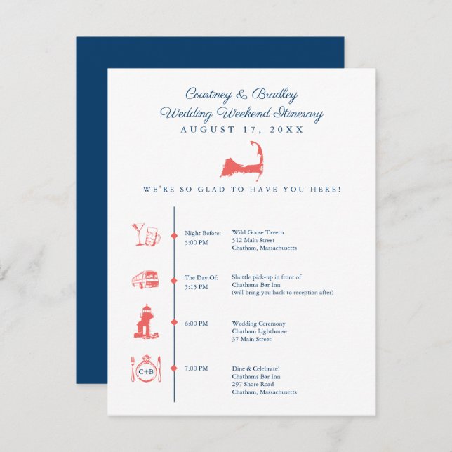 Cape Cod Map Wedding Reception Itinerary Timeline Enclosure Card (Front/Back)