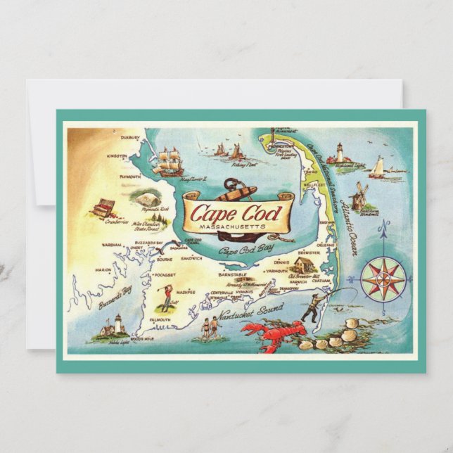 Cape Cod Massachusetts 5x7 Map Postcard (Front)
