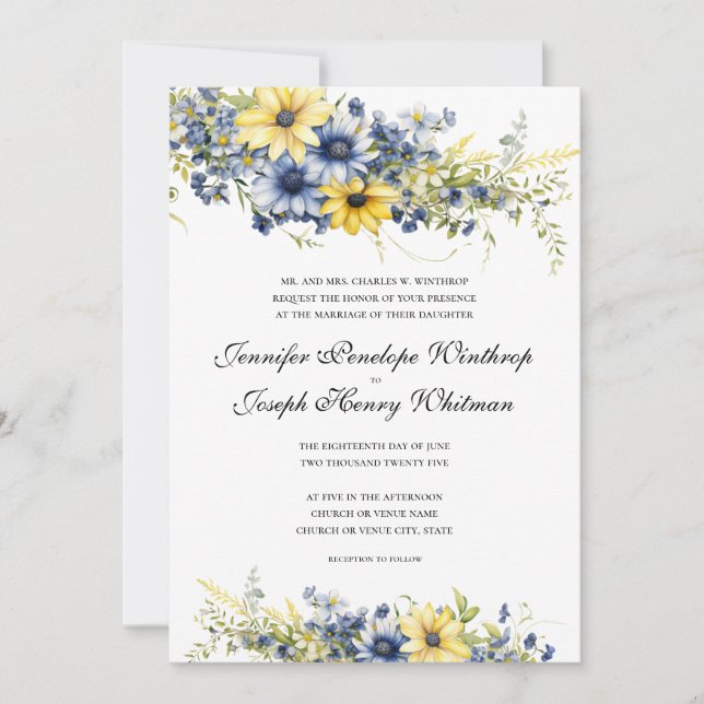 Cape Cod Summer Blue Floral Wedding Invitation (Front)