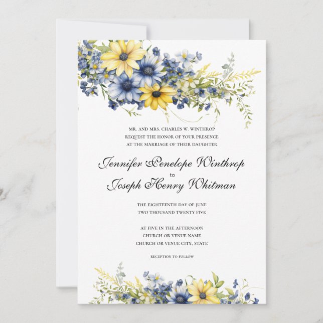 Cape Cod Summer Blue Floral Wedding Invitation (Front)