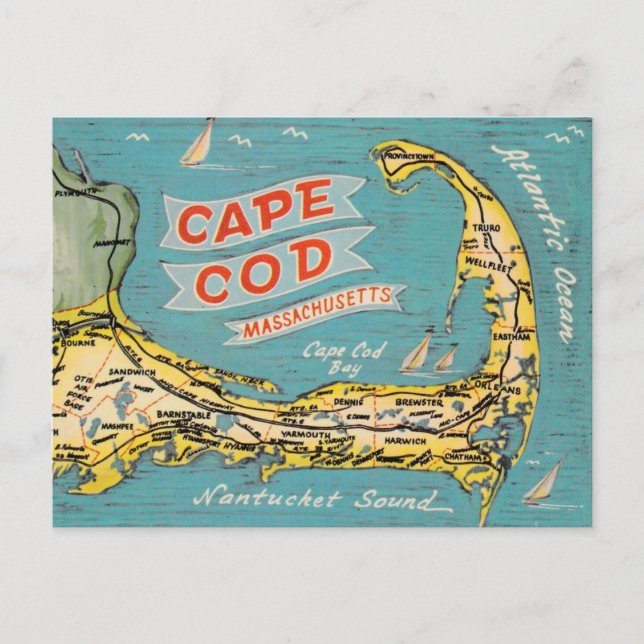 Cape Cod Vintage Map Postcard (Front)