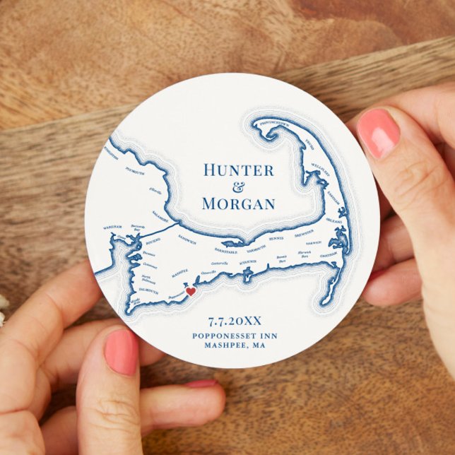 Cape Cod Wedding Welcome Party Cocktail Hour Round Paper Coaster (Round Drink Coaster Cape Cod Map Wedding favor  in elegant navy blue from Coastal Map Designs)
