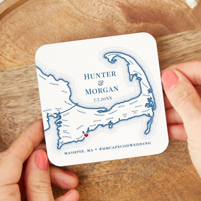Cape Cod Wedding Welcome Party Cocktail Hour Square Paper Coaster (Drink Coaster Cape Cod Map Wedding favor personalized in elegant navy blue from Coastal Map Designs)