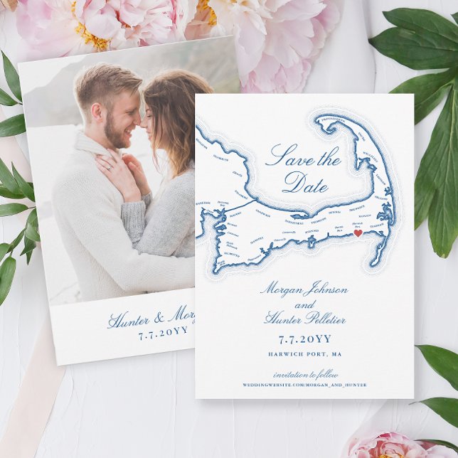 Cape Cod Wychmere Beach Club Wedding Save The Date (Wychmere Beach Club Save the Date with Harwich Port MA Cape Cod Map in elegant navy blue)