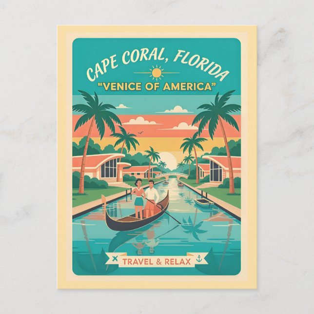 Cape Coral FL – The Venice of America Retro 1950s Postcard (Front)