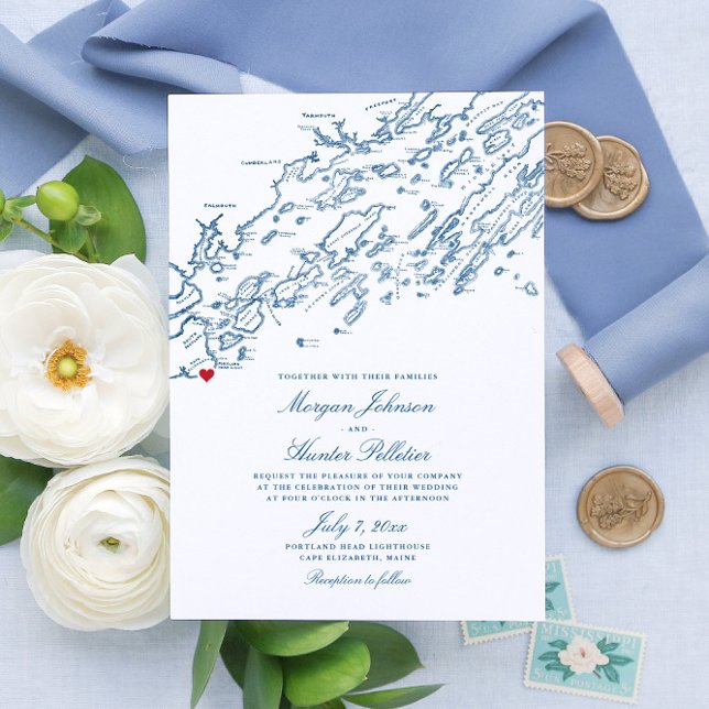 Cape Elizabeth Maine Elegant Navy Map Wedding Invitation (These Cape Elizabeth Maine invitations are perfect for your destination wedding on Casco Bay)