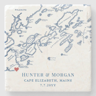 Cape Elizabeth Wedding Favour Casco Bay Map Stone Coaster