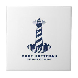 Cape Hatteras Lighthouse – Nautical Blue & White Ceramic Tile