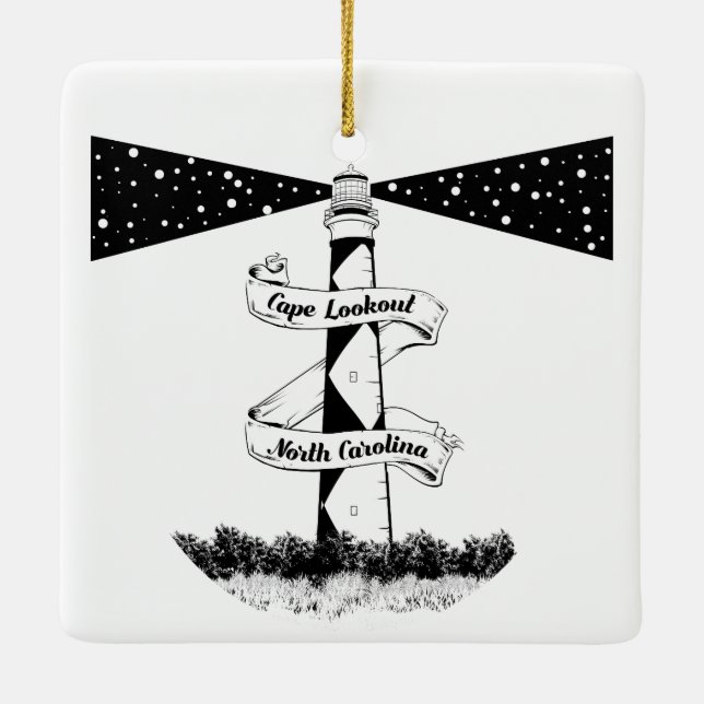 Cape Lookout Lighthouse Black and White Ceramic Ornament (Back)