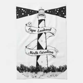 Cape Lookout Lighthouse Black and White Tea Towel
