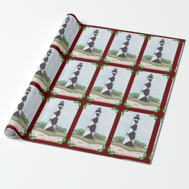 Cape Lookout Lighthouse Christmas Wrapping Paper (Unrolled)
