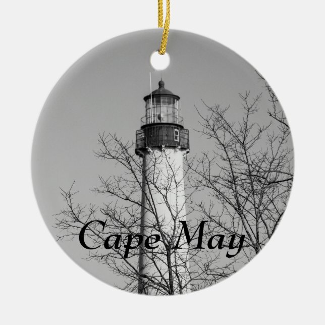 Cape May Light b/w Ceramic Tree Decoration (Front)