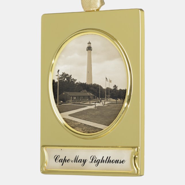 Cape May Lighthouse Gold Plated Banner Ornament (Left)