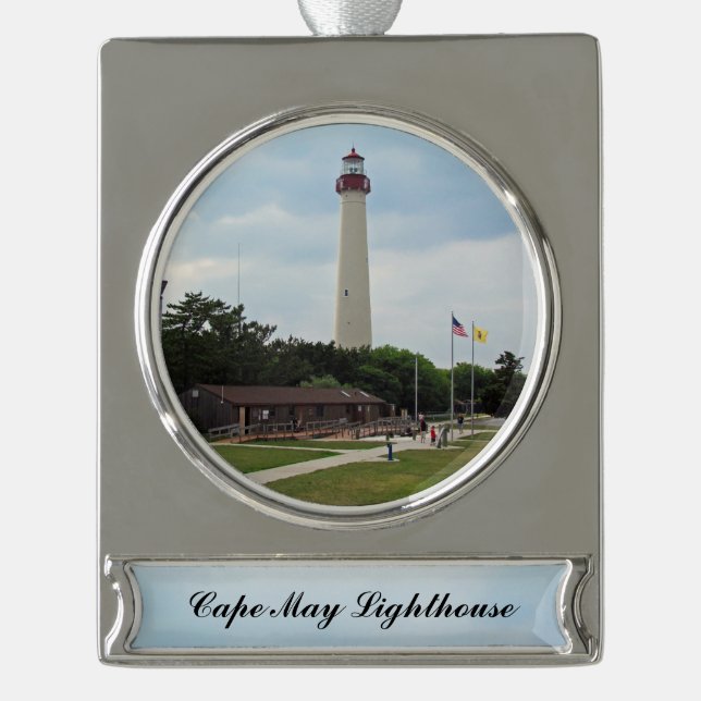Cape May Lighthouse Silver Plated Banner Ornament (Front)