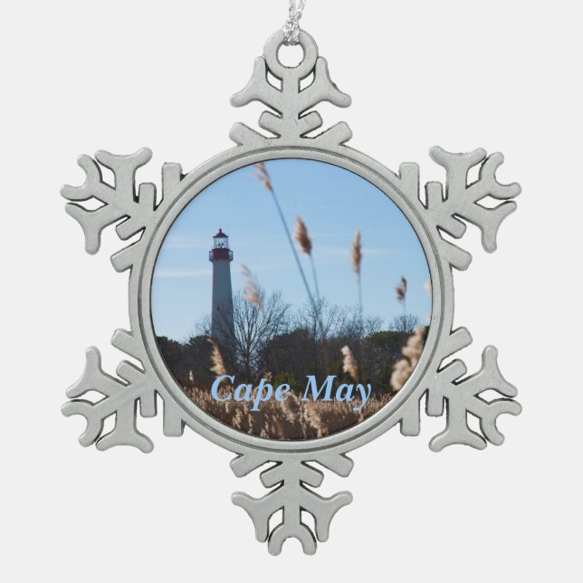 Cape May lighthouse Snowflake Pewter Christmas Ornament (Front)