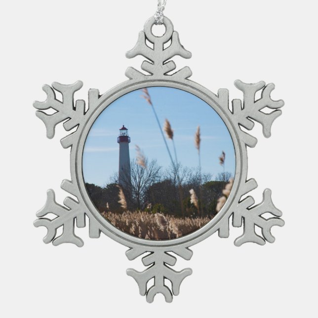 Cape May lighthouse Snowflake Pewter Christmas Ornament (Front)