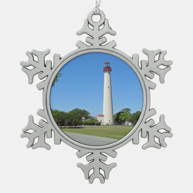 Cape May Lighthouse Snowflake Pewter Christmas Ornament (Front)