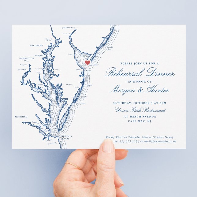 Cape May NJ Elegant Wedding Rehearsal Dinner Invitation (Elegant Cape May New Jersey Wedding Rehearsal Dinner Invitations with navy blue Jersey Shore map)