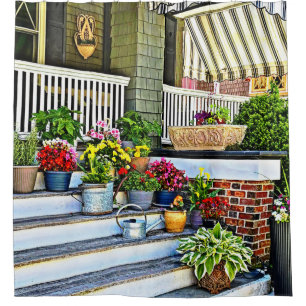 Cape May NJ - Flowers and Watering Cans on Porch Shower Curtain