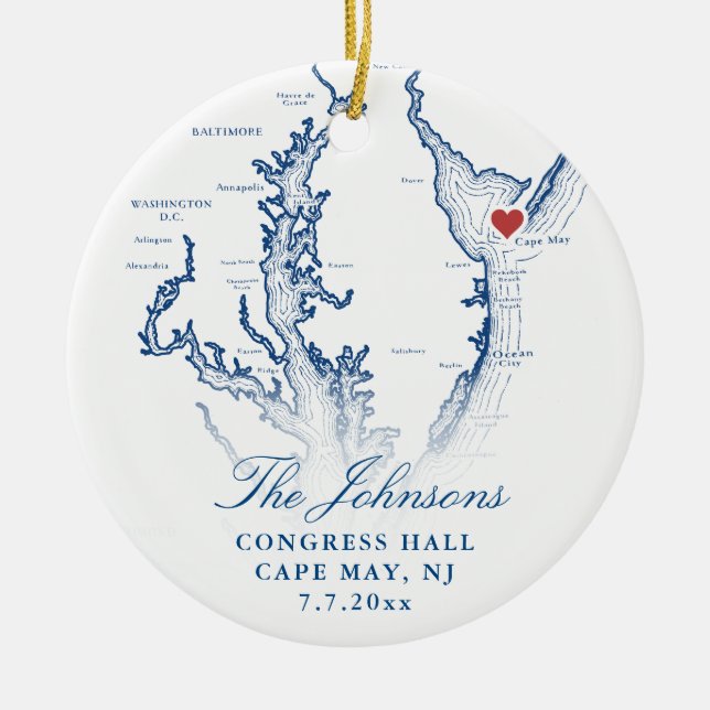 Cape May NJ Map Navy Wedding Photo Christmas Ceramic Ornament (Front)