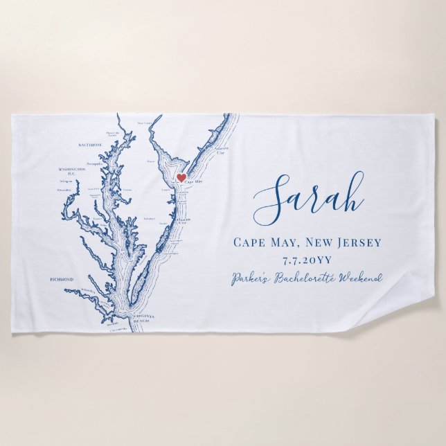Cape May NJ Personalised Bachelorette Weekend Beach Towel (Front)