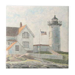 Cape Neddick Lighthouse Watercolor Ceramic Tile