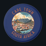 Cape Town South Africa Retro Distressed Circle Magnet<br><div class="desc">Cape Town retro vector travel design. Cape Town is a port city on South Africa’s southwest coast,  on a peninsula beneath the imposing Table Mountain.</div>