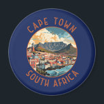 Cape Town South Africa Retro Distressed Circle Magnet<br><div class="desc">Cape Town retro vector travel design. Cape Town is a port city on South Africa’s southwest coast,  on a peninsula beneath the imposing Table Mountain.</div>
