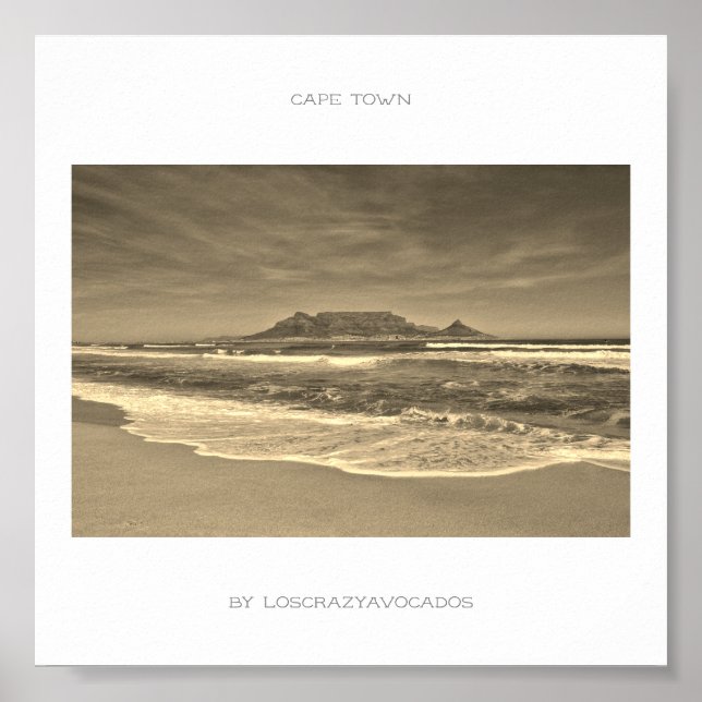 Cape Town Table Mountain Beach Ocean Sepia Poster (Front)