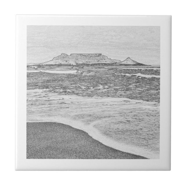 Cape Town Table Mountain Beach Ocean Sketch Ceramic Tile (Front)
