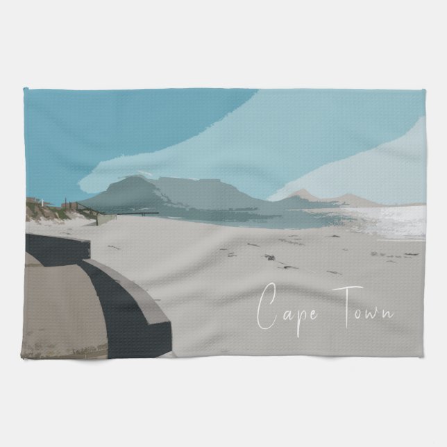 Cape Town Table Mountain Ocean Sketch Tea Towel (Horizontal)